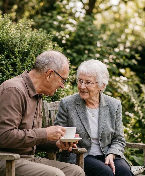 companionship seniors enjoying tea in the garden