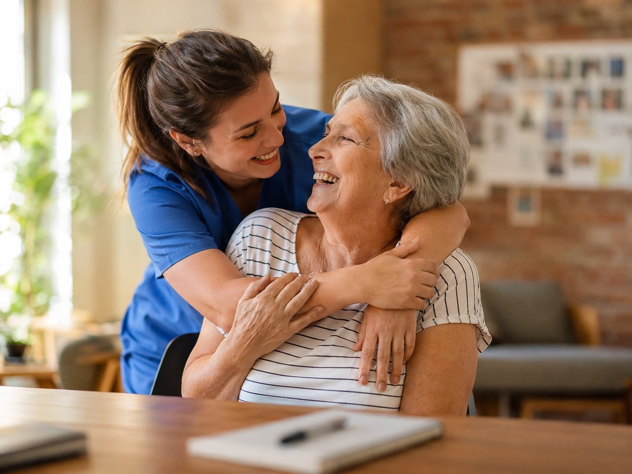 caregiver assisting happy senior at home